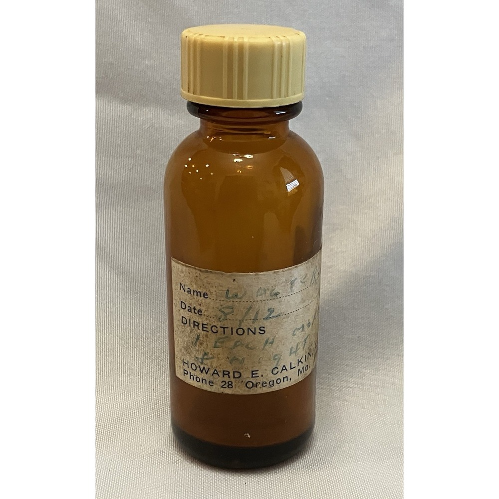 VTG Amber Glass Medicine Bottle Calkin Pharmacy Apothecary Oregon, MO Druggist